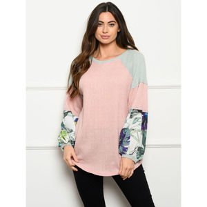 Mauve Floral Colorblock Sleeve Top